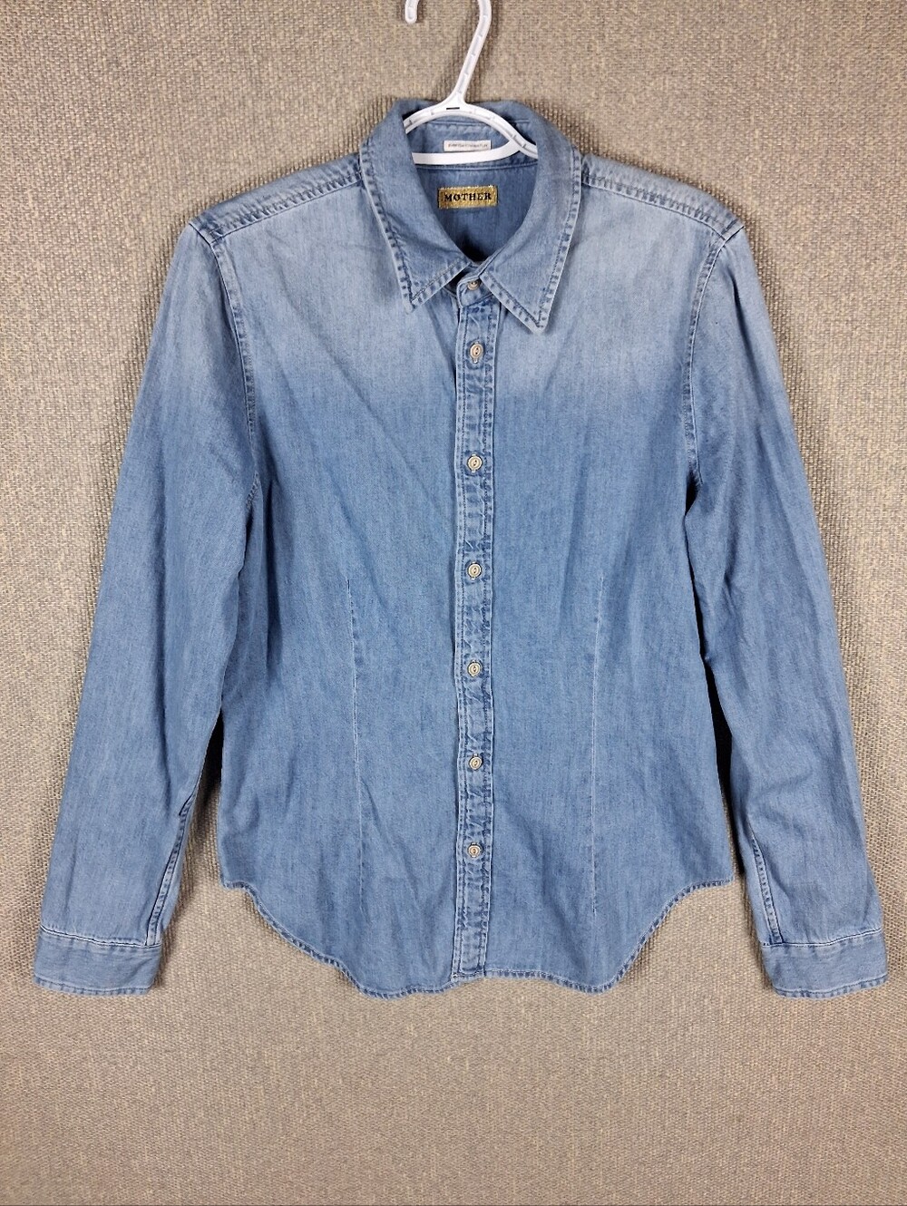 Mother The itty Bitty Pinchie Frenchie Shirt Womens Medium Blue Denim Chambray